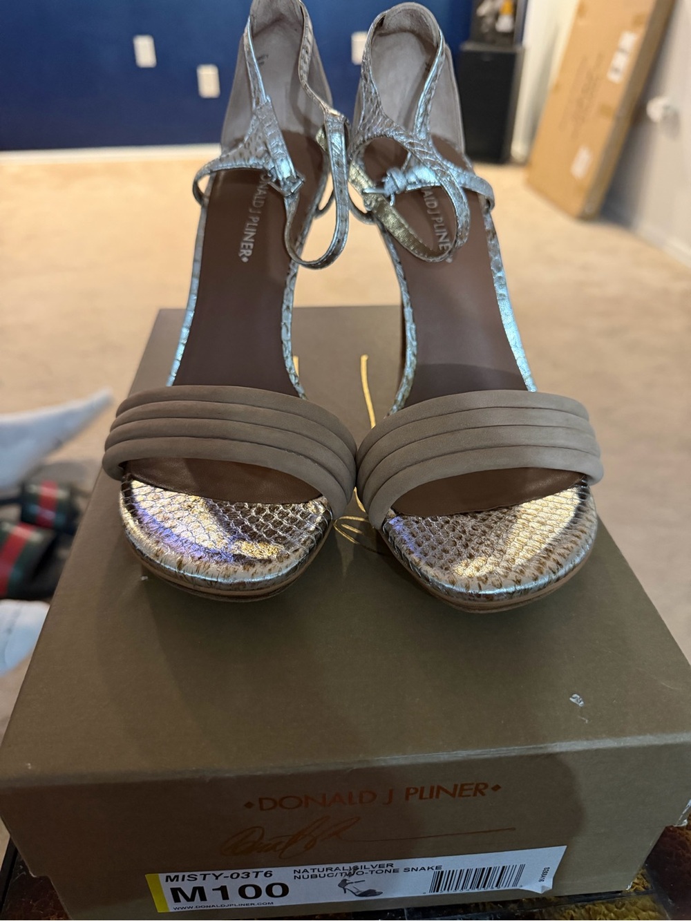 Donald J. Pliner Taupe and Silver Snake-Print Strappy Heels